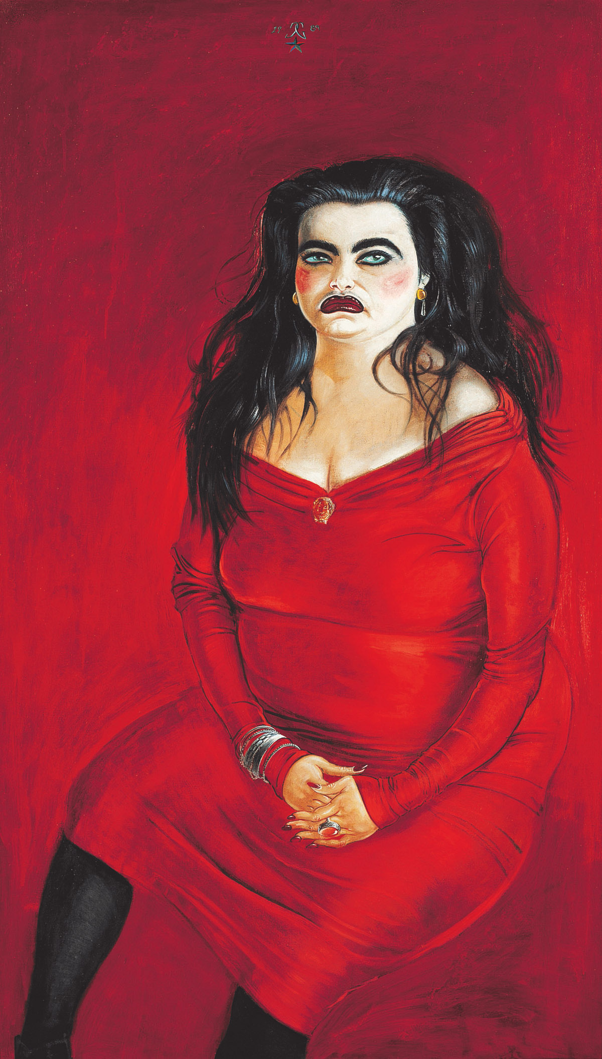 Clemens Gröszer, Ines im roten Kleid, 1989, Mischtechnik auf Leinwand