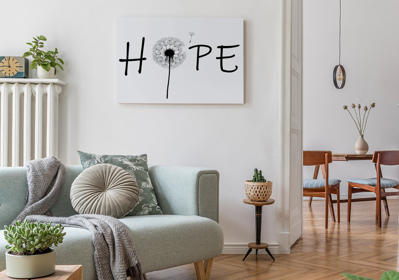 Neuer Look fürs Homeoffice? Mit Wanddekorationen gelingt’s! Bild Pusteblume mit Aufschrift