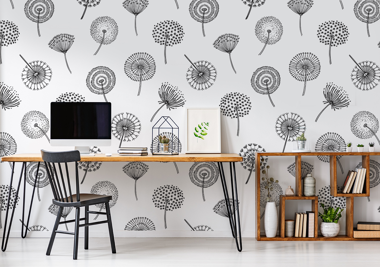 Neuer Look fürs Homeoffice? Mit Wanddekorationen gelingt’s! Fototapete Pusteblumen über den Schreibtisch